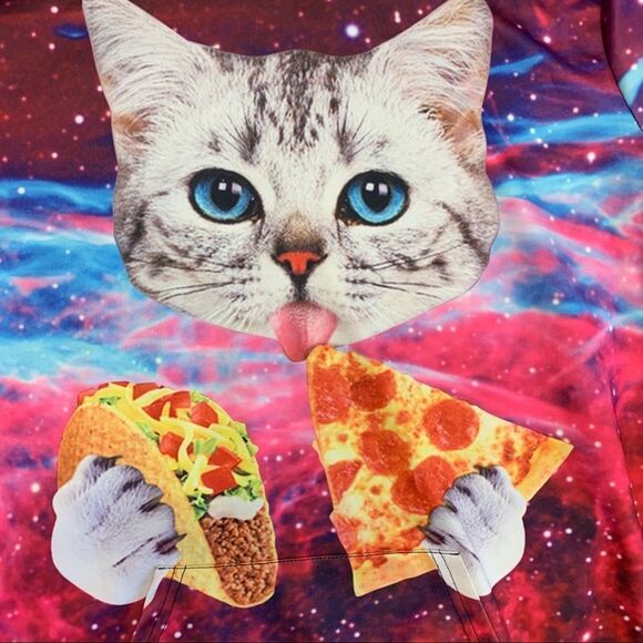 FUNNY cat eating taco and pizza slice pullover unisex hoodie size medium 💥 - Picture 5 of 10
